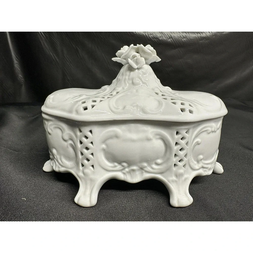 Lefton 60th Anniversary Legacy White Porcelain Rose Lattice Footed Trinket Box